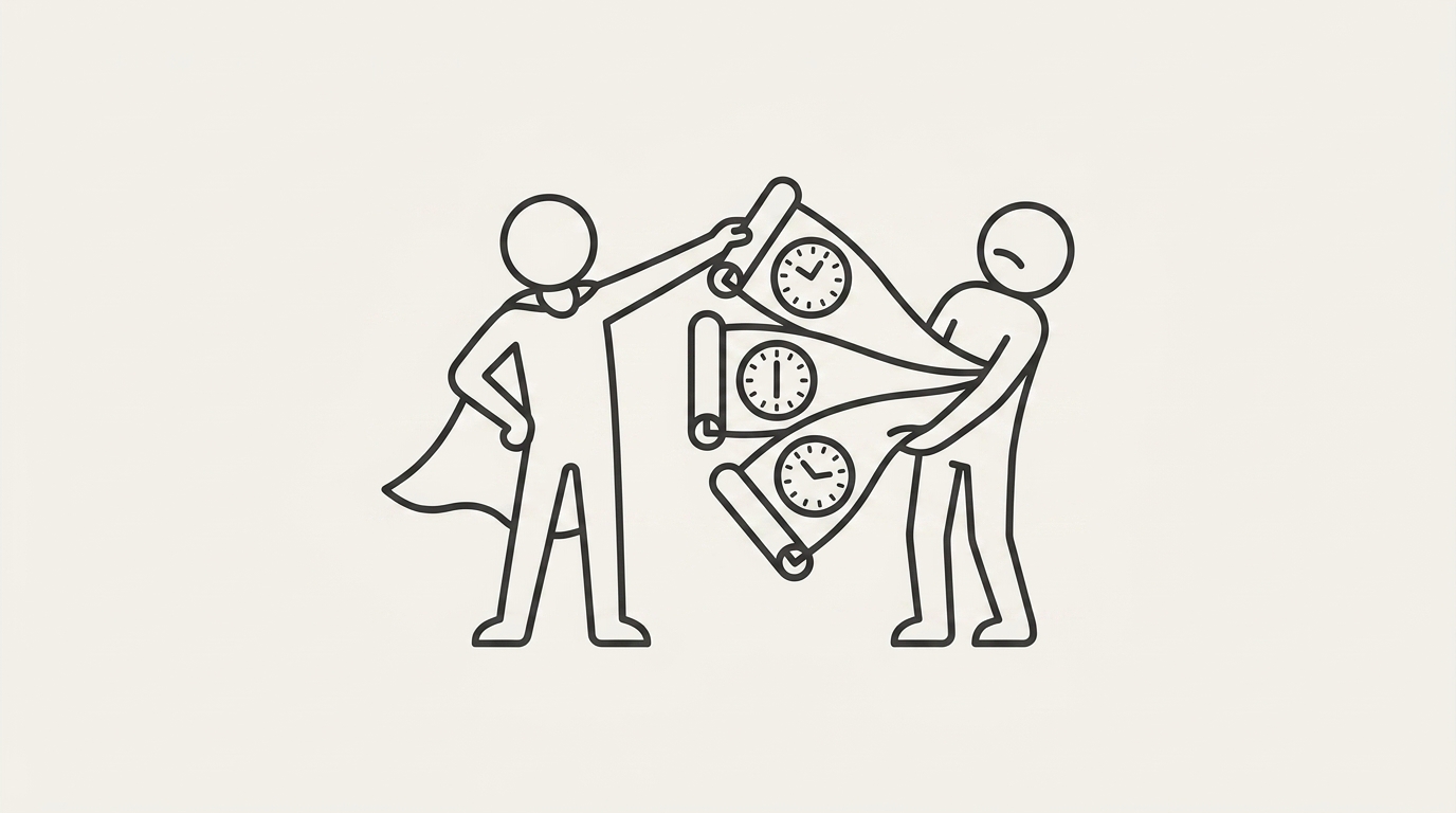 One figure hands three rolled scrolls to another, each scroll showing a clock with a different time
