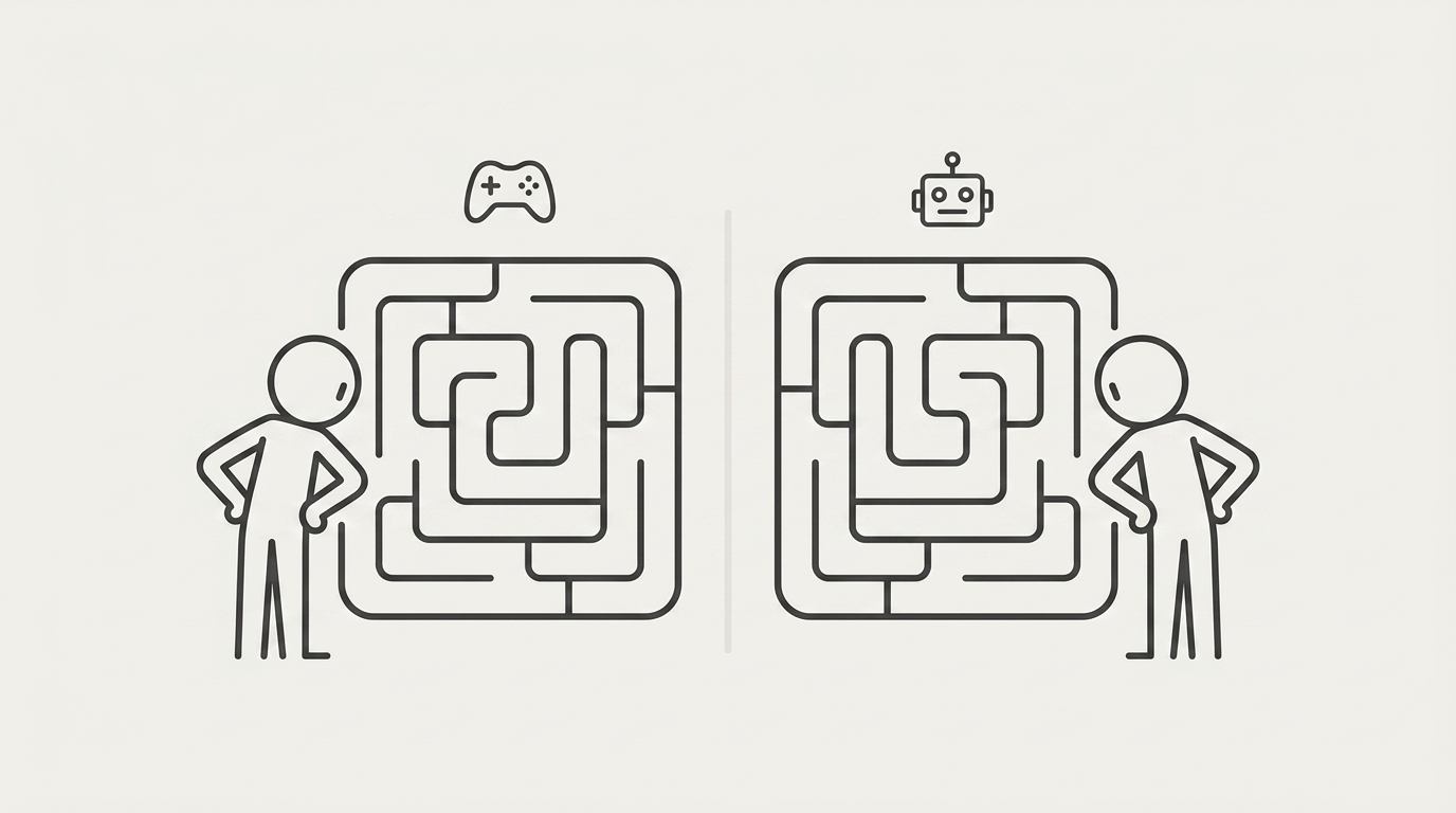 The same figure standing in front of two identical mazes, one marked with a game controller and one with a robot head
