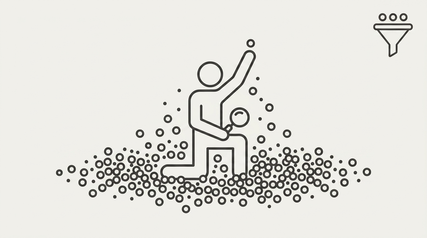 A kneeling figure sifting through a wide scatter of dots with a magnifying glass, holding one dot up