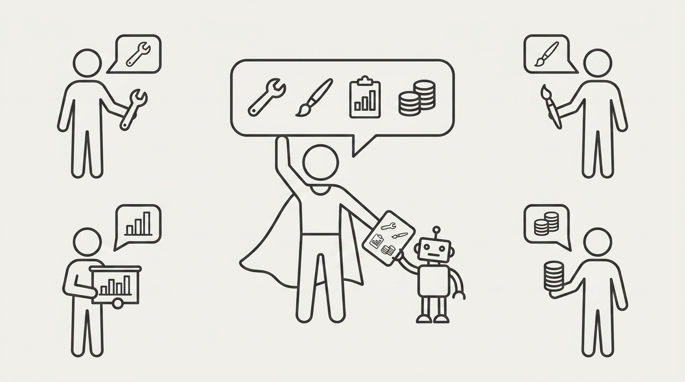 A caped figure at the centre understood by four differently equipped workers, handing an instruction card to a small robot