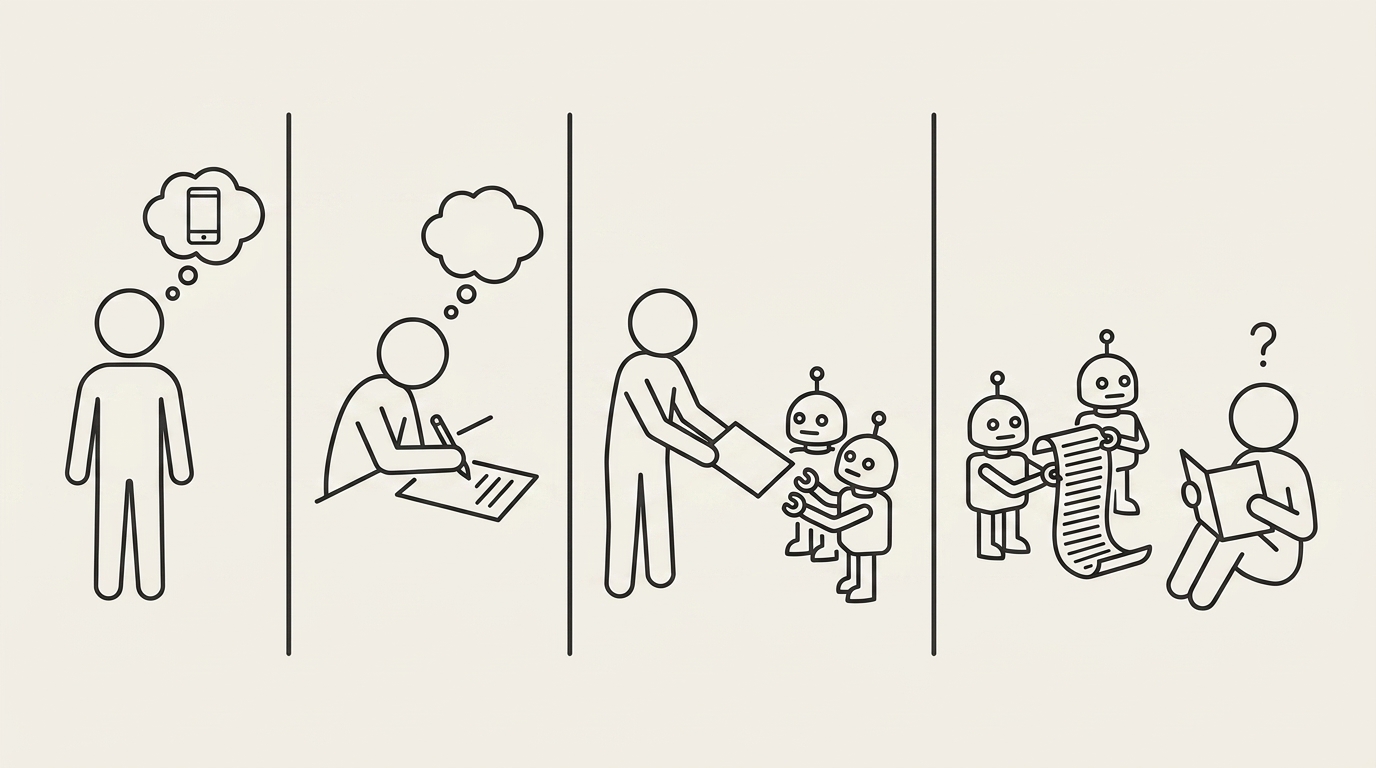 Four panel strip: a figure imagines an app, writes it down, hands it to two robots, and receives a reading list